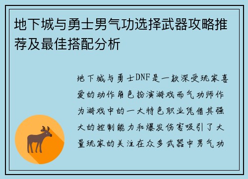 地下城与勇士男气功选择武器攻略推荐及最佳搭配分析